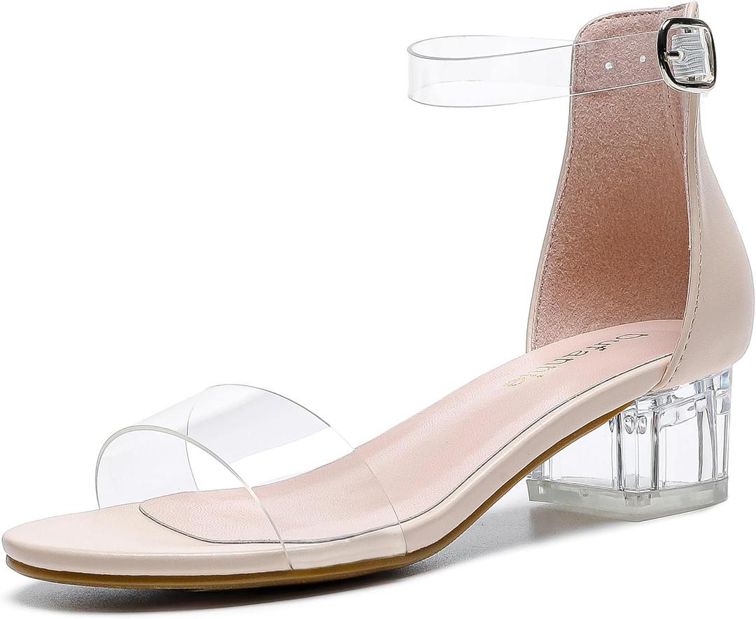 Dufannie Girls Sandals Low Heels Dress Pump Ankle Strap Open Toe Flower Girl Wedding Party for Toddler Little Big Kid (Single Clear Nude)