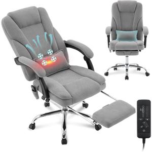 Executive Office Chair with Massage & Heat, Comfy Reclining Ergonomic Soft Fabric Home Gaming Chair, Wide Seat Heavy Duty Big and Tall Office Chairs 500LBS with Foot Rest & Lumbar Support Pillow, Grey