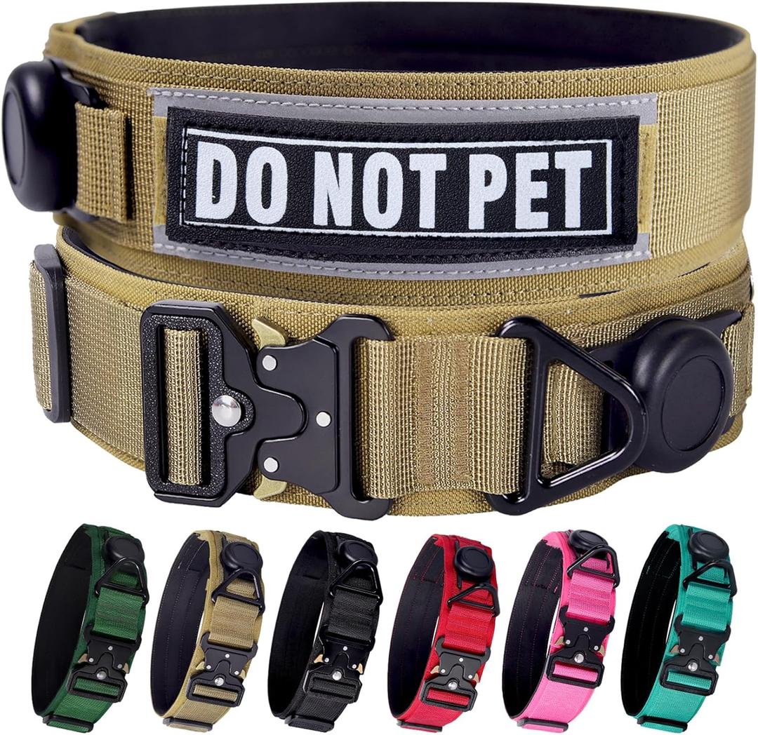 AirTag Dog Collar, 2" Wide Tactical Military Army Dog Collar with AirTag Holder & 3 Pet Patches, Soft Padded Reflective Waterproof Nylon Collar with Metal Buckle for Large Dogs (Khaki, L) (L: 17.7-24.4)