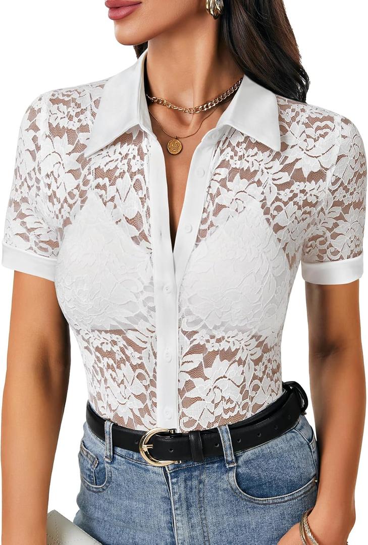 LYANER Women's Lace Tops Button Up Sexy Short Sleeve Shirt Dressy Casual Sheer Top Collared Blouse (XS)