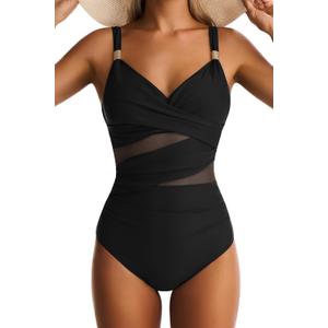 Women Mesh One Piece Swimsuit Tummy Control Sexy Bathing Suits V Neck Push Up Swimsuits Slimming Swimwear (Medium, Black)