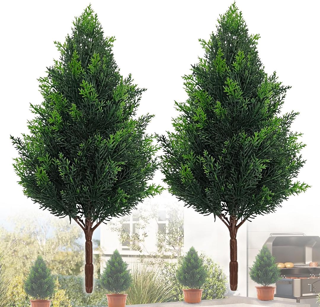 Artificial Cedar Topiary Plants: 20 Inch (2P) UV Resistant Faux Pine Stems Shrubs Plastic Greenery for Outdoor Indoor Home Decor, Garden, Front Porch, Office, Restaurant & Holiday Party