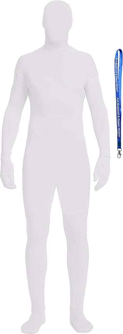 Full Bodysuit Include Zipper Helper Unisex Spandex Stretch Adult Costume Zentai Disappearing Man Body Suit (Medium, White)