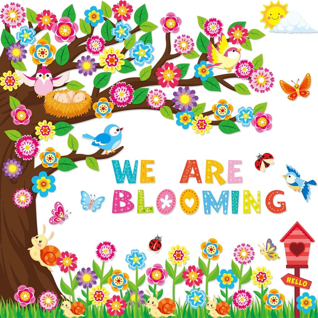 161 Pcs Spring Bulletin Board Decorations Spring Classroom Tree Bulletin Board Colorful Flowers Butterfly Leaf Bird We are Blooming Cutouts for Back to School Classroom Home Party Decor