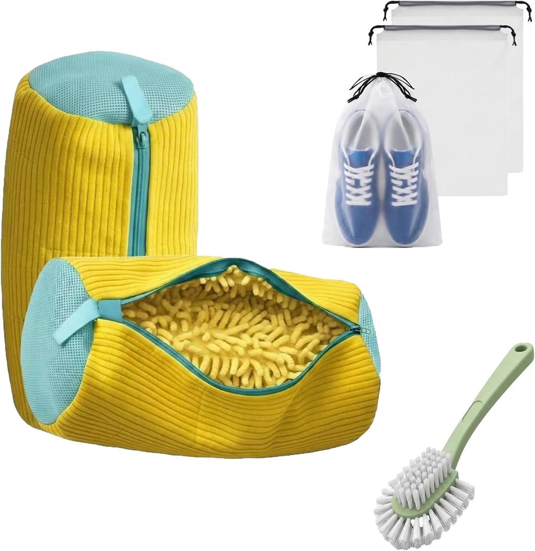 Shoe Washing Machine Bag Set, 2 Reusable Mesh Laundry Bags with Cleaning Brush, Sneaker Shoe Cleaning Bag for Washer and Dryer, 360 Deep Cleaning Shoe Protector with Hidden Zipper