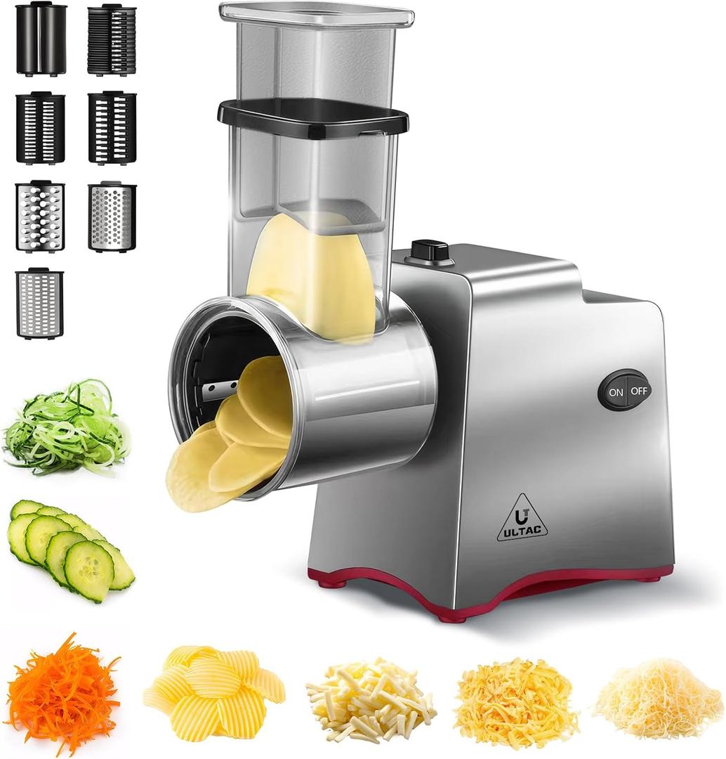 Electric Cheese Grater for Block Cheese, 250W Powerful Cheese Shredder with 7 Interchangeable Blades, Rotary Cheese Grater for Vegetables, Fruits, and Salad Making (Silver)