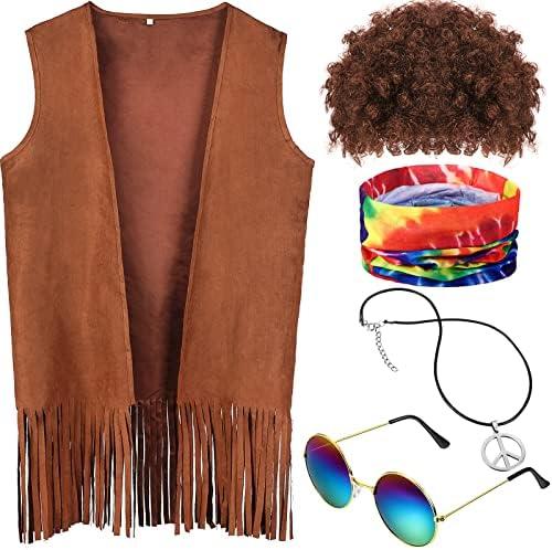 Didaey 2 Pcs Halloween Hippie Men Costume Accessories 60 70s Hippie Fringe Vest Wig Tie Dye Headband for Carnival
