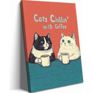 Funny Cat Drinking Coffee Wall Art, Cute Black and White Cats Kitchen Wall Decor, Quirky Animal Poster Canvas Paintings Prints Aesthetic Pictures for Dining Room Cafe Bar 16x24 inch Framed