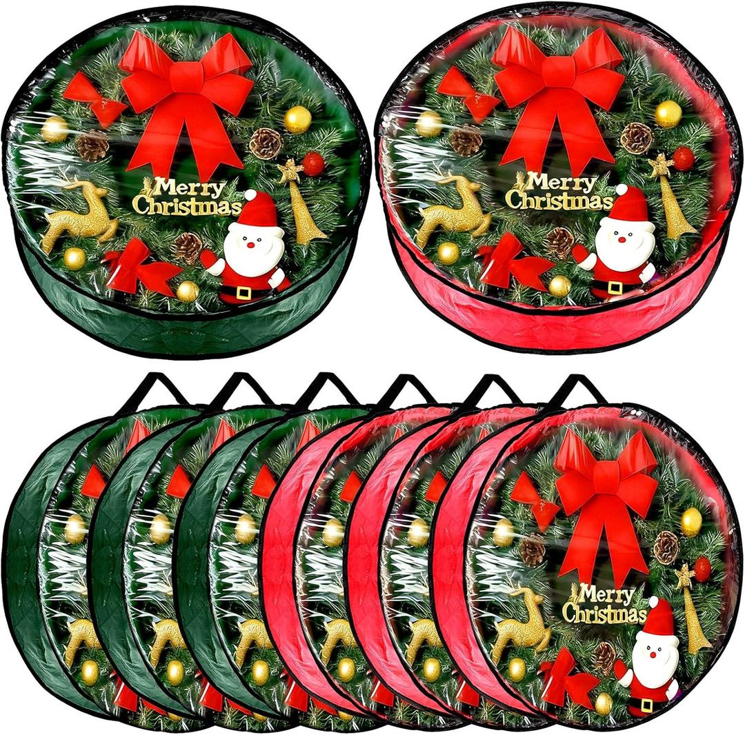Dunzy 8 Pieces Wreath Container Christmas Wreath Storage Bag Garland Tear Resistant Fabric Round Boxes with Clear Window for Storage for Xmas Holiday Ornament(30307.8 Inch,Red, Green)