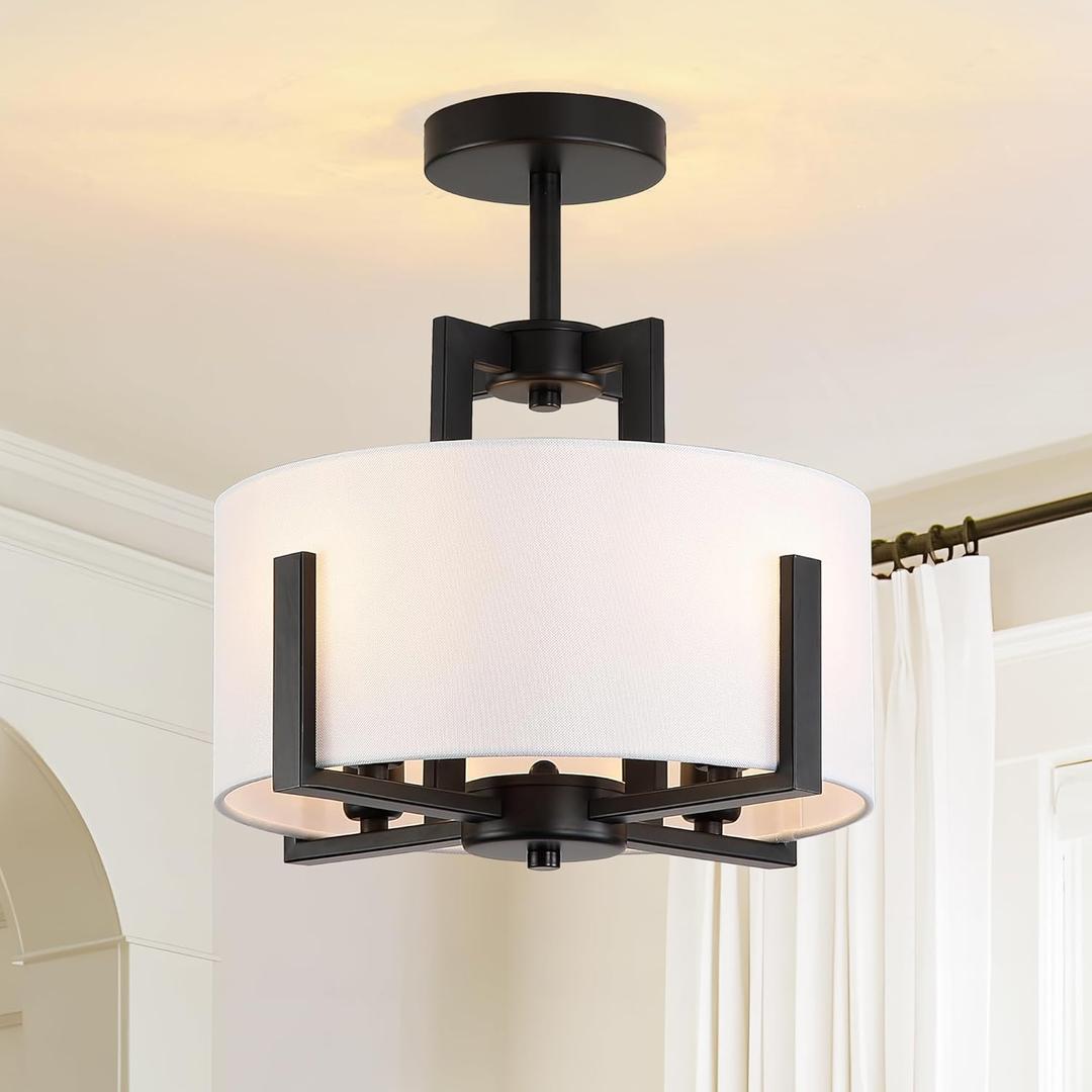 4-Light Semi Flush Mount Ceiling Light with White Fabric Modern Black Drum Ceiling Light Fixtures Round Chandelier for Bedroom Living Room Kitchen and Hallway