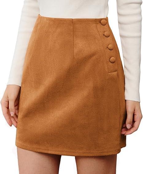 Women's Suede Skirt Solid High Waist Slit Metal Buckle Package Hip Commuter Casual Skirts, (Large,Brown)