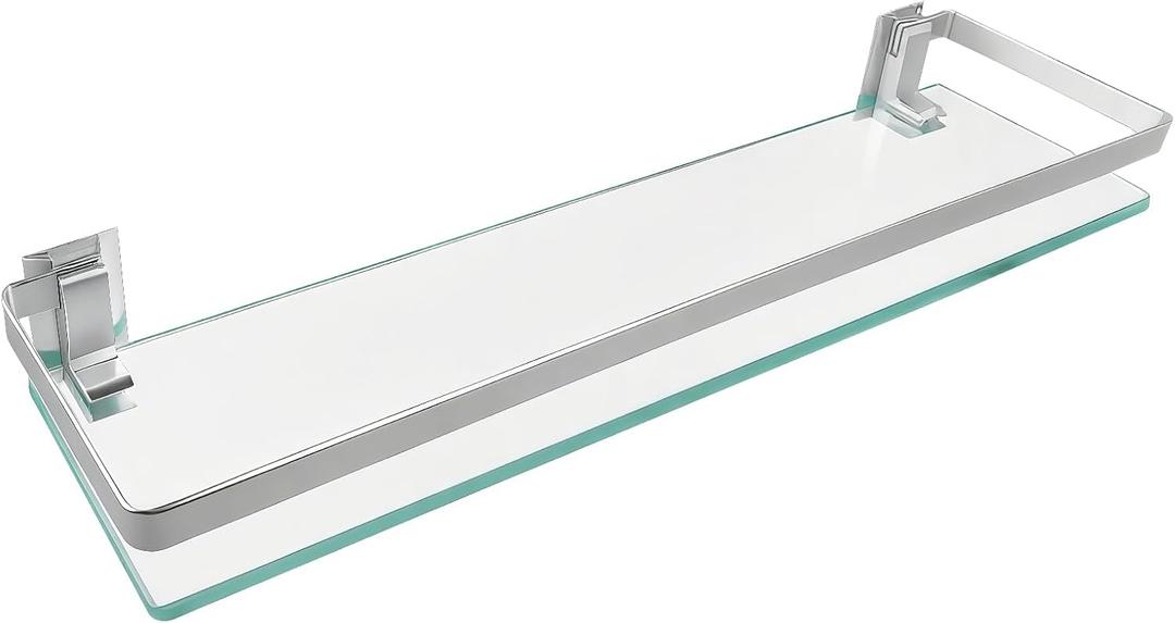 Bathroom Shelf Glass Shelves 23-Inch Floating Tempered Glass Shelf Rectangular Aluminum Wall Mounted Silver Polished Shelves for Kitchen Organizers, 24 Inches