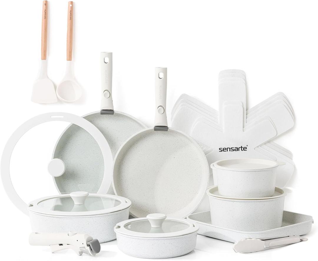 SENSARTE 24 Piece Pots and Pans Set, Nonstick Detachable Handle Cookware, Induction Kitchen Cookware Set with Removable Handle, Healthy Non Stick for RV, Dishwasher Oven Safe (White)