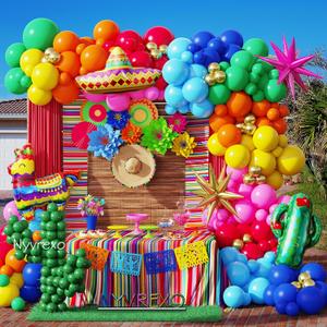 Mexican Fiesta Party Decorations, 144Pcs Cinco De Mayo Rainbow Balloons Arch Garland Kit Cactus Llama Sombrero Explosion Star Foil Balloons for Taco Twosday Carnival Hawaii Tropical Birthday Party