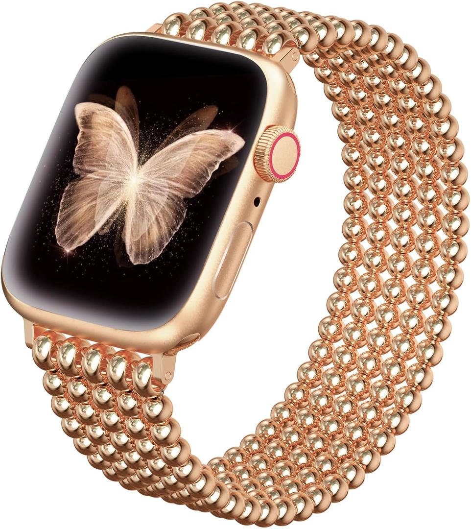 fastgo Beaded Bracelet Band Compatible with Apple Watch Band 41mm/40mm/38mm/44mm/45mm/42mm/49mm Women, Dressy Beaded Strap for Iwatch (Rose Gold)