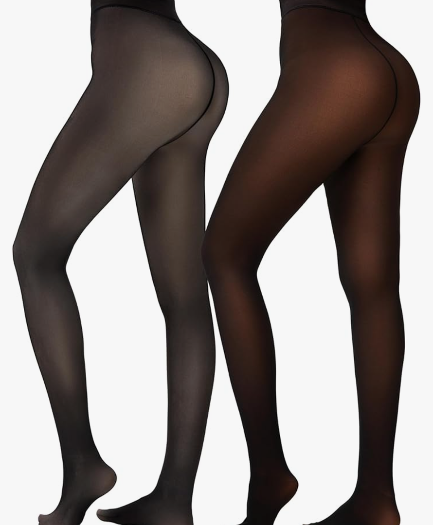 HONGTEYA 2 Pairs Fleece Lined Tights Women - Warm Sheer Pantyhose Fake Translucent Tights Winter Thermal Leggings, Size L