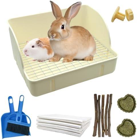 MUYG Rabbit Litter Box Toilet,Bunny Plastic Square Cage Toilet with Grate Rabbits Corner Litter Bedding Small Animal Pet Bunny Box Potty Trainer Pet Pan for Guinea Pig,Ferret,Chinchilla(White)