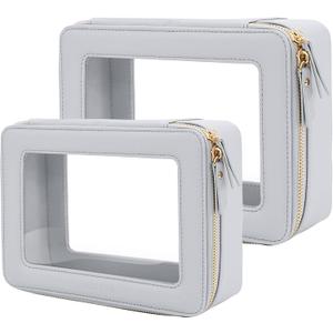 Aveniee Clear Makeup Bag Organizer Set, Portable Travel Toiletry Cosmetic Bag Case for Women, Vegan Leather Make Up Pouch Car Bag for Essentials, Middle + Large, Blue