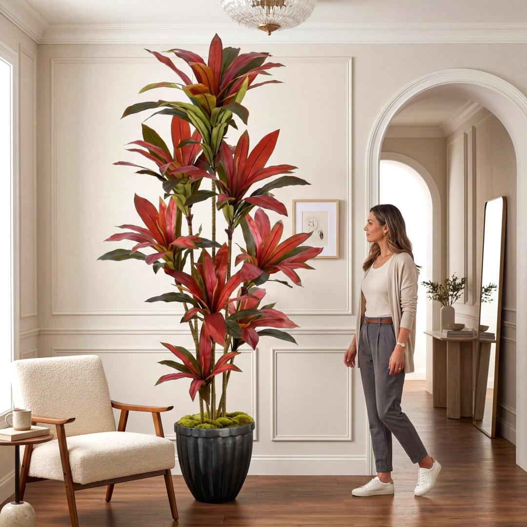Giegxin 8ft Artificial Dracaena Tree Faux Dracaena Plant with Pot, Tall Fake Yucca Silk Tree with Realistic Trunks Leaves, Tropical Plant for Home Office Living Room Indoor Outdoor Decor(Green Red)