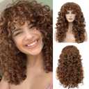 Curly Wig with Bangs for Women FLUFYMOOZ Natural Light Brown Long Curly Wig 21Inch Curls with Wispy Bangs Heat Resist Soft Synthetic Wig for Women Daily Use Party Halloween Cosplay