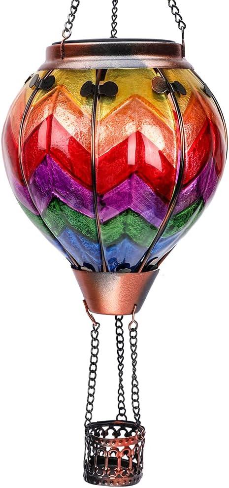 Hot Air Balloon Solar Lantern with Flickering Flame Light Glass Hanging Solar Lanterns Outdoor Waterproof for Garden Tree Yard Patio Party Decor Mother's Day Gift Wavy-Colorful