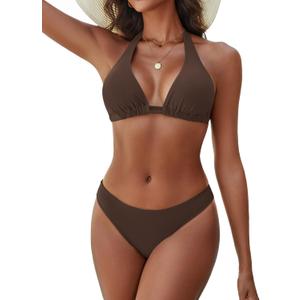 Women's Bikini Sets Halter Triangle Swimsuit 2 Piece Bathing Suit (Medium, Coffee)