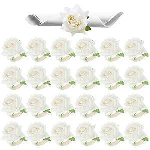 Set of 24 White Rose Napkin Rings - Handicraft Napkin Holder Table Decor for Wedding, Thanksgiving, Banquet, Christmas, Birthday Party