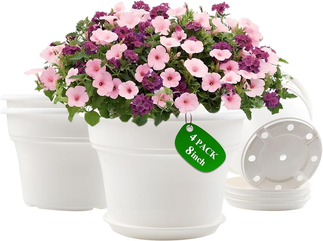 8 Inch Plastic-Flower Pot-for-Indoor Plants, 4 Pack Large Outdoor Planter Pot with Drainage Holes & Saucers, Resin Decorative Garden Pots Planters (White)