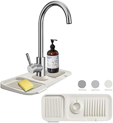 MOODKEY Kitchen Sink Splash Guard Sponge Holder for Kitchen Sink Silicone Faucet Handle Drip Catcher Tray Sink Protector for Kitchen Sink Faucet Mat Fits the Faucet Tube within 2.5"(Off-white, 14.6'')