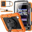 SEYMAC stock for iPad Pro 11 inch Protective Case M5 2025/M4 2024, Heavy Duty Case with Screen Protector, Pencil Holder, Rotating Stand, Hand Strap, Shoulder Strap, Orange