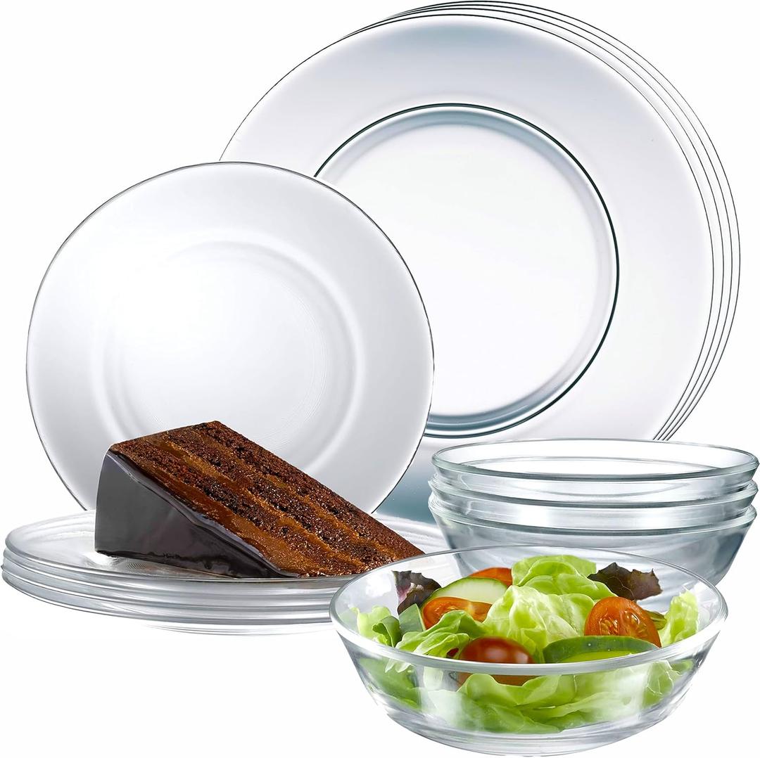 12pc Glass Dinnerware Set - Sleek Round Clear Glass Plate and Bowl Sets - Dishwasher Safe, Bread & Butter Dinner, Dessert, Salad Plates & Serving Cereal Soup Bowls Dishes for Kitchen Dining & Parties (krx01)