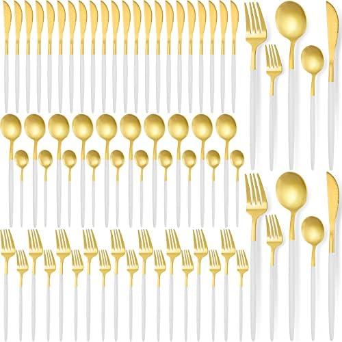 Lanties 60 Pieces Stainless Steel Tableware Set Silverware Set Flatware Cutlery Utensils Spoon Fork Knives Service for 12 for Home Restaurant Apartment and Kitchens(White Gold)