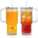 KEMORELA 26oz Ribbed Glass Tumbler with Handle & Lid, 2-Pack Clear large Iced Coffee Cups with Straws, Spill proof Glass Mug for Cold & Hot Beverages, Travel Cup for Smoothies, Tea, and Juice