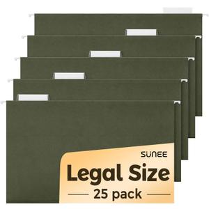 SUNEE Hanging File Folders Legal Size,25 Pack Reinforced Hang Folders, Adjustable 1/5-Cut Tabs, Designed for Bulky Files, Filing Cabinet, Standard Green