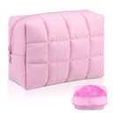 Sunnymove Quilted Cute Makeup Bag 7.5 x 5.5 x 3.5 Inches Checkered Cosmetic Bags Quilted Make up Pouch with Zipper Toiletry Pouch for Women Travel Gift Organization Essentials (Pink)