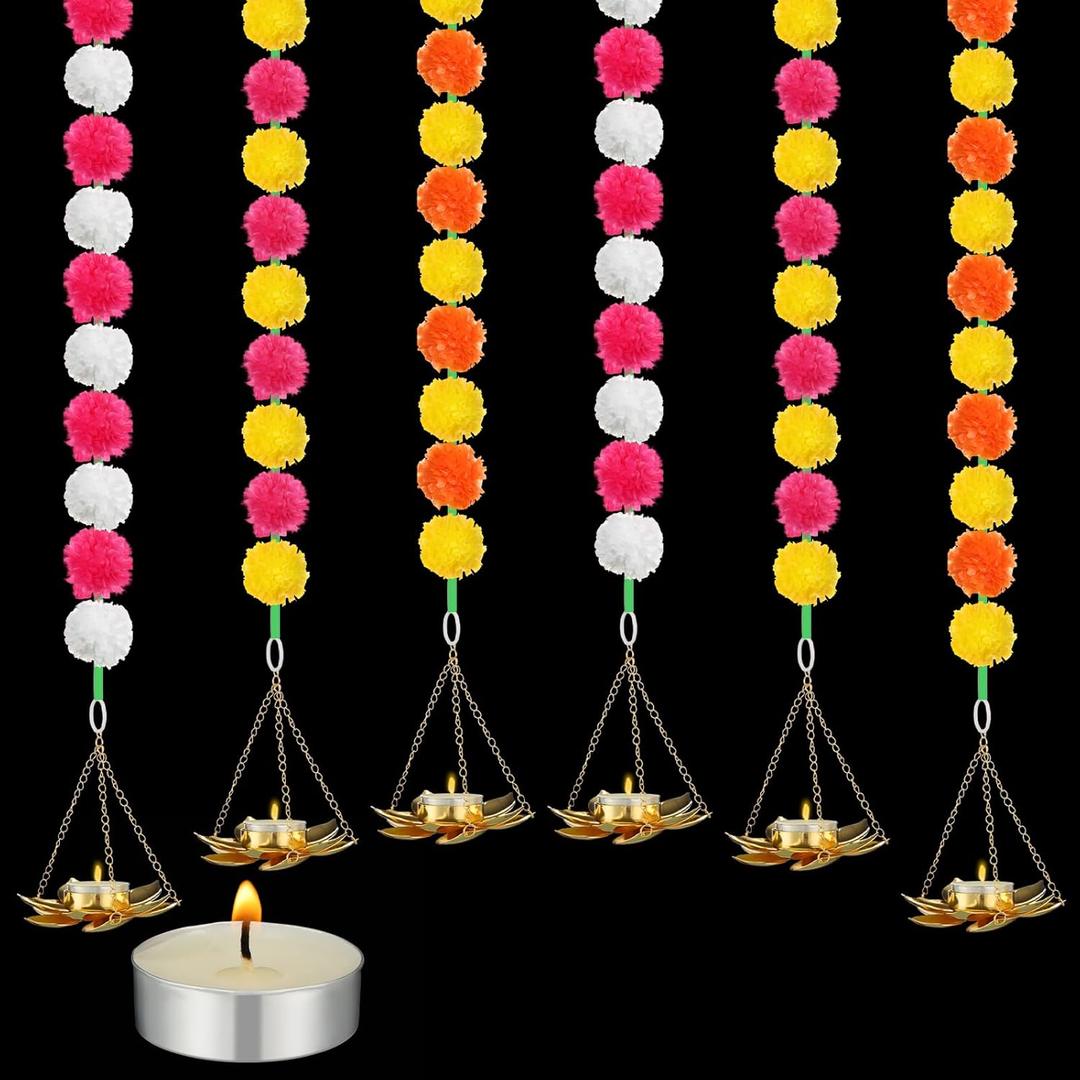 Gejoy 6 Sets Diwali Decorations Includes 4 Feet Artificial Marigold Flowers Garland for Hanging Tea Light Candle and Candles Holders for Indian Pooja Wedding Decor (Orange,Yellow,Pink,White,Lotus)