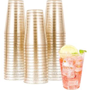 JOLLY CHEF 14 oz 50 Pack Gold Plastic Cups, Disposable Gold Glitter Plastic Cups Tumblers, Ideal for Wedding Halloween, Thanksgiving, Christmas Parties