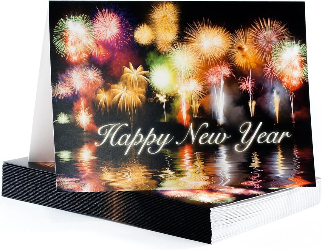 New Years Cards with Happy New Years Text - Appropriate for Personal or Business Use - Box Set of 25 Cards Includes 26 Premium Gold Foil Lined Envelopes  S02-01