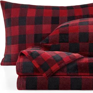 BEDELITE Flannel Sheets Queen Size Bed Set, Luxury Red and Black Plaid Christmas Bedding Set, Super Soft & Warm Fuzzy Fleece Sheets 4 Piece(Include Fitted Sheet, Flat Sheet, 2 Pillowcases)