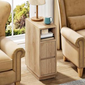 CHOEZON 8.7" Narrow Fluted Nightstand, Small Bedside Table with Drawers, Skinny Side Table, Modern Nightstand with 1 Semi-Open Shelf, Floating End Table, for Living Room, Bedroom, Natural MBZ12NL, 15.7"L x 8.7"W x 23.6"H