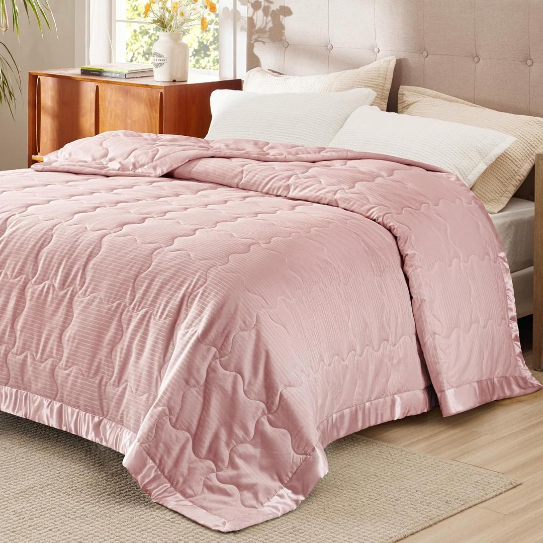 Bedsure Lightweight Blanket for Summer Queen Size - Down Alternative Blanket with Satin Trim for Bed, Light Summer Throw Pink, 90x90 Inches
