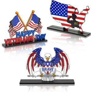 B1ykin 3Pcs Veterans Memorial Day Table Topper Centerpiece Decorations Set, Happy Veterans Day Brave Soldier Removable Wooden Decor, 11th November Table Sign for Patriotic Party Memorial Supplies Home
