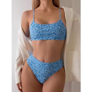 SOLY HUX Women's 2 Piece Bathing Suit Floral Print High Waisted Scoop Neck Cute Bikini Set Beachwear Blue Floral Large