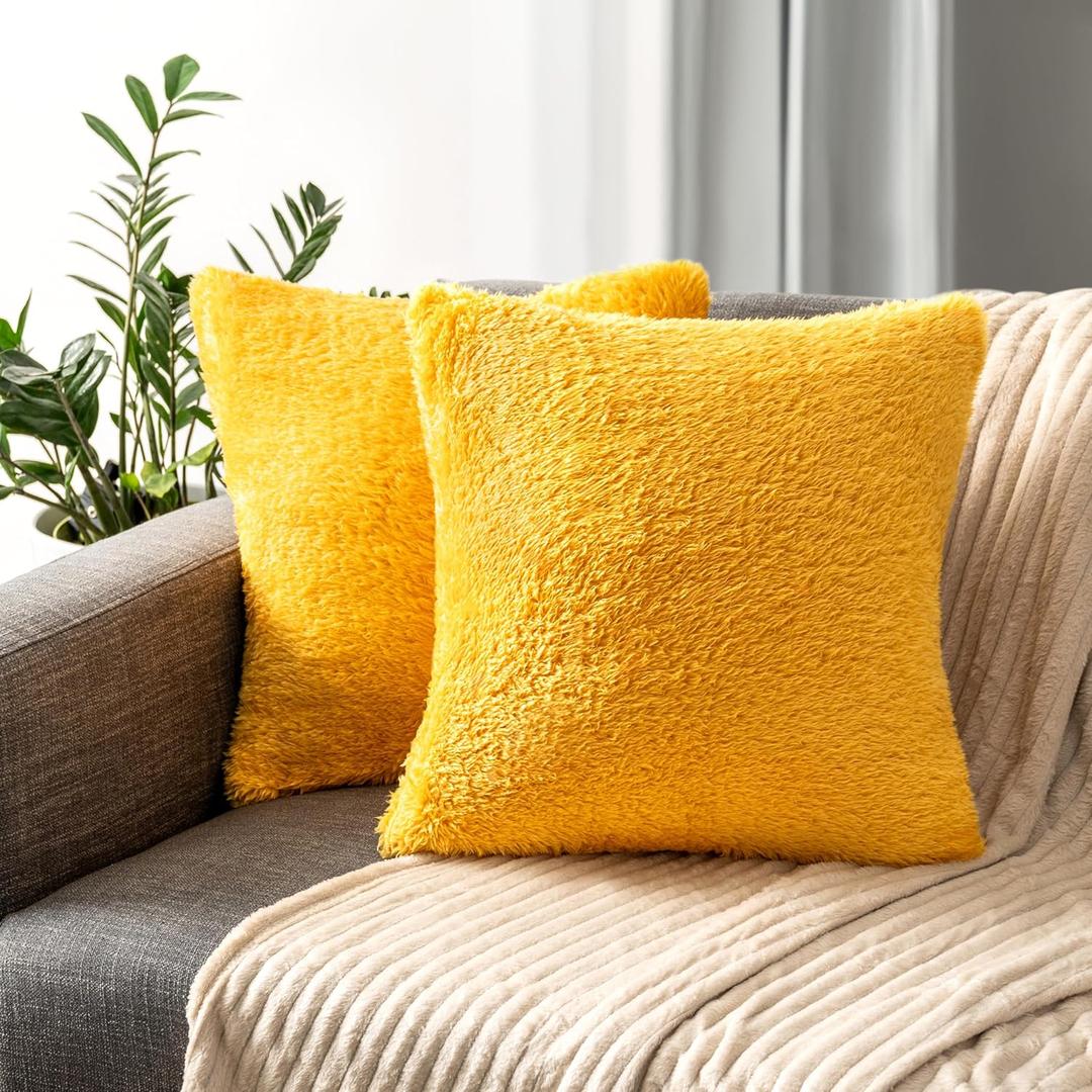 PAVILIA Fluffy Mustard Yellow Throw Pillow Covers, Decorative Accent Pillow Cases for Bed Sofa Couch, Soft Faux Fur Cushion Cover, Square Sherpa Pillowcases, Home Room Decor, Yellow, 18x18 Set of 2