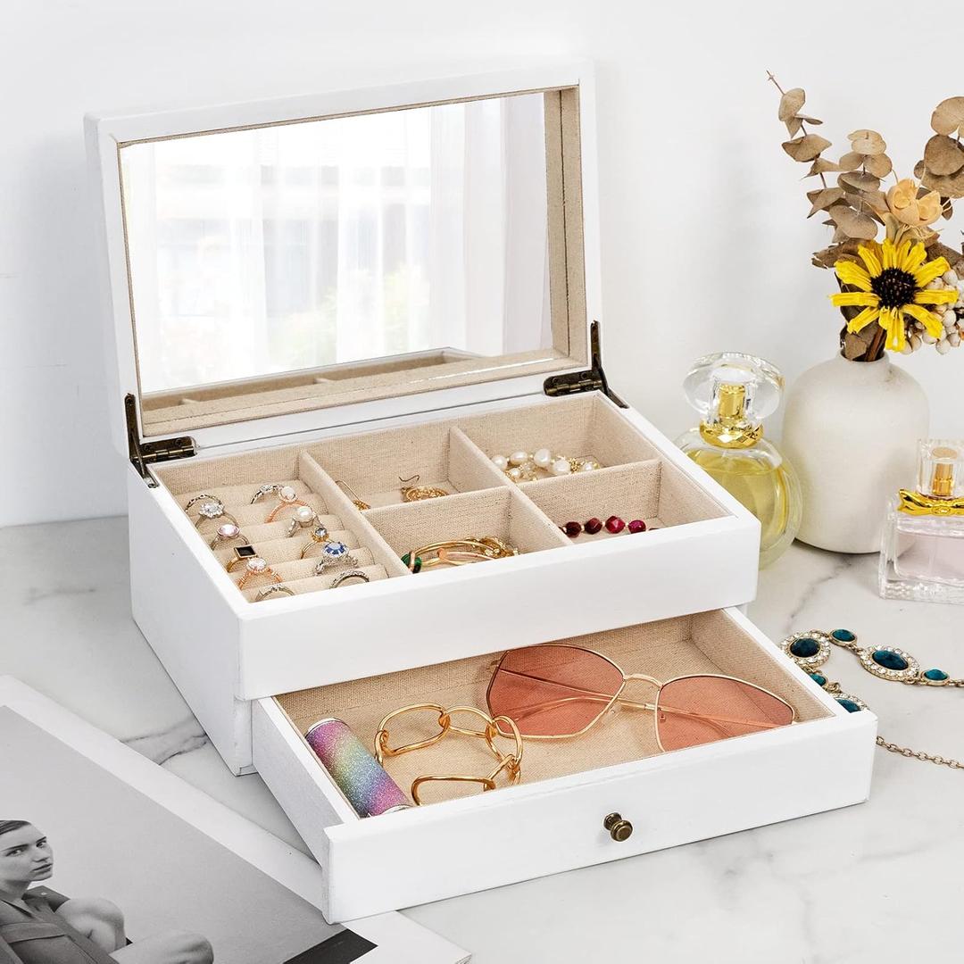 Meangood Jewelry Box Organizer for Women, 2 Layer Large Jewelry Storage Case, Rustic Wooden Jewelry Box with Mirror & Ring Tray for Necklace Earring Bracelets Rings, Vintage Style (White)