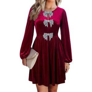Happy Sailed Womens Velvet Dress Fall Winter Long Sleeve Bowknot High Waisted A Line Cocktail Dresses for Wedding Guest L