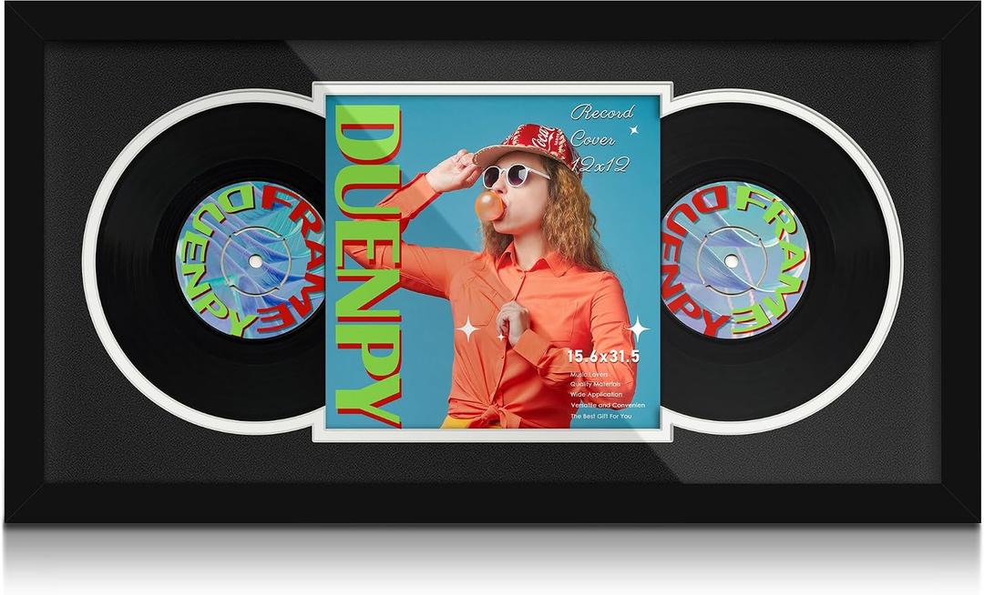 DUENPY Vinyl Record Display Frame 15.6x31.5 Inches Display Record Album and 12.5x12.5 Album Cover Art Wall Mount Black White Mat