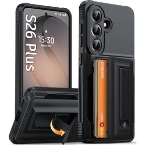 Oterkin for Samsung Galaxy S26 Plus Wallet Case [4-5 Card Holder] [Kickstand] [RFID Blocking] [Full Camera Protection] [Military Grade Protection] Shockproof Rugged Phone Case for S26 Plus, Black
