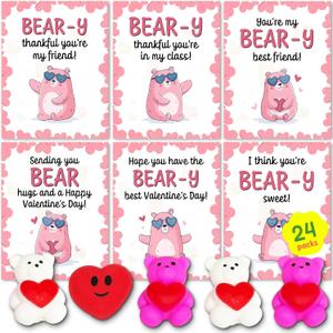 Valentines Day Cards for Kids School, Bear Designs of Valentine Cards with 24 Crads & 24 Bear squishies for Valentine's Day Kids Classroom Gifts Exchange Party Favors for Boys Girls
