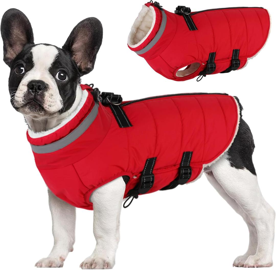 Mklhgty Small Dog Coat with Harness Built-in, Waterproof Reflective Fleece Lined - Warm Windproof Winter Jacket with Back Zipper, Cold Weather Snow Dog Coats - Red - XS